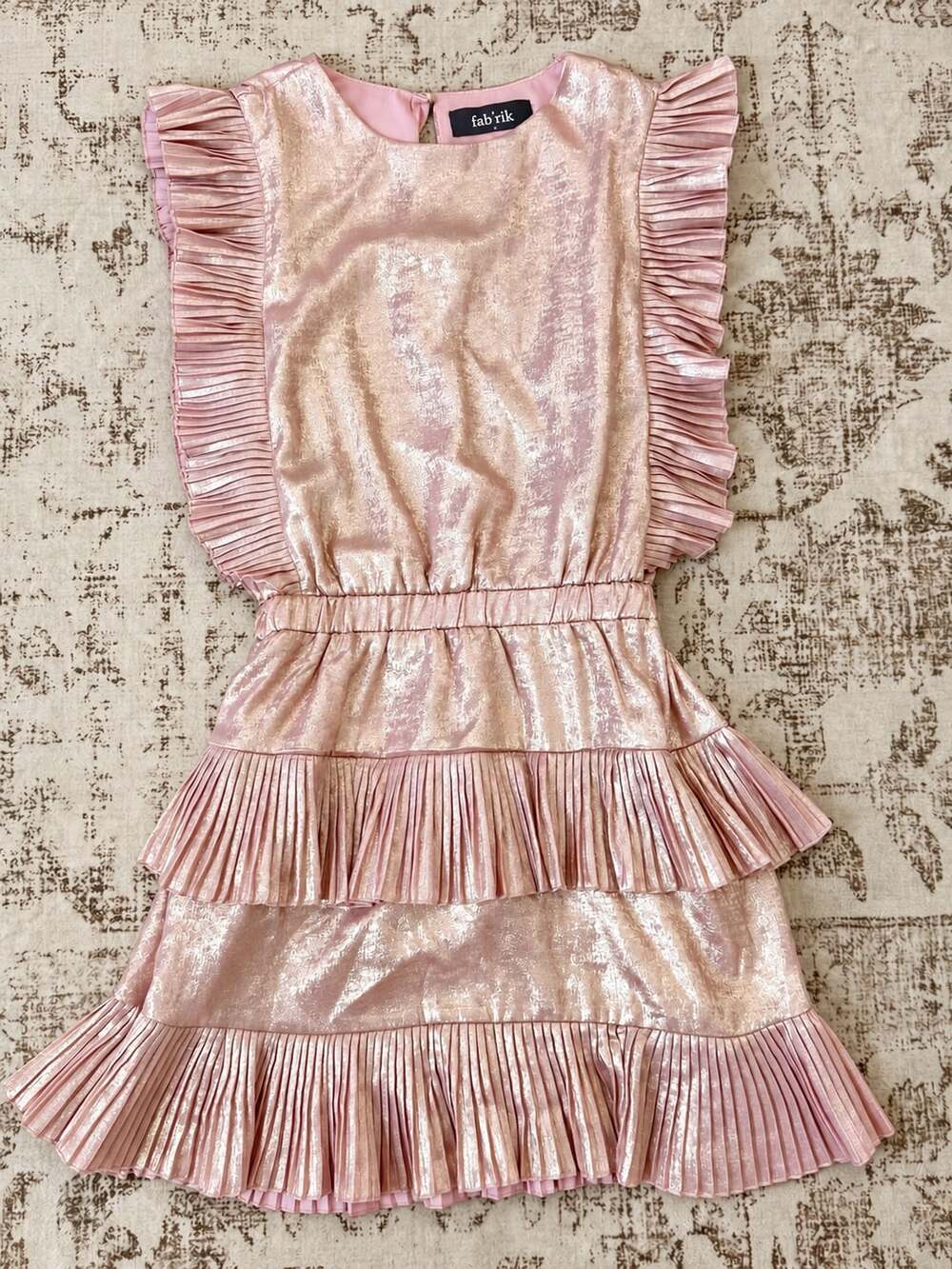 fab'rik Pink Shimmer Metallic Pleated Ruffle Mini Dress